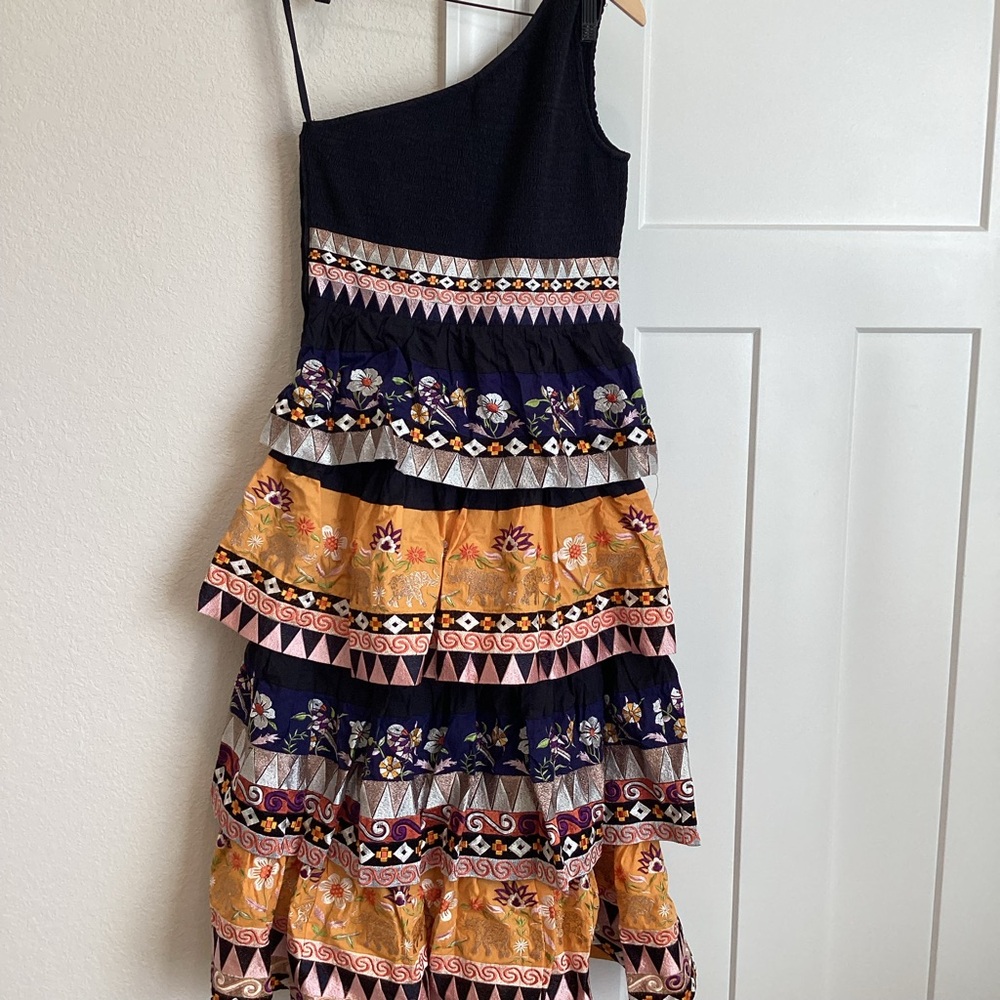 🐘Anthropologie Embroidered Midi Dress One-Shoulder Tiered Dress New 8 Black - Picture 9 of 15